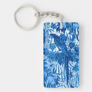 Parrot in a Jungle Setting, Indigo Blue and White  Key Ring