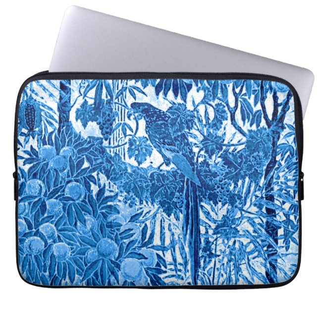 Parrot in a Jungle Setting, Indigo Blue and White Laptop Sleeve (Front)