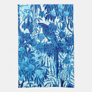 Parrot in a Jungle Setting, Indigo Blue and White Tea Towel