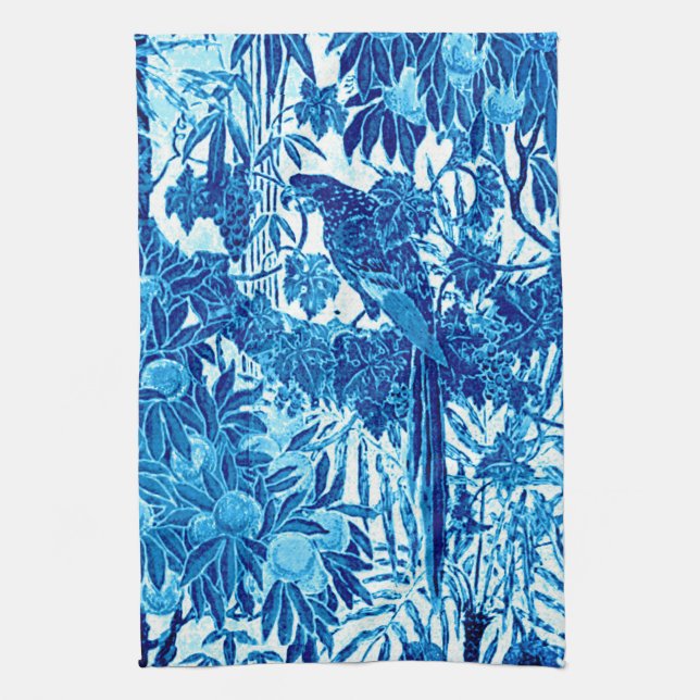 Parrot in a Jungle Setting, Indigo Blue and White  Tea Towel (Vertical)