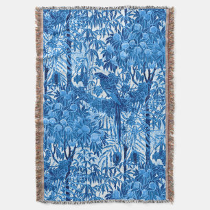 Parrot in a Jungle Setting, Indigo Blue and White  Throw Blanket