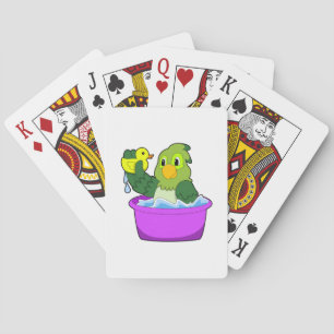 Parrot in Bathtub with Duck Playing Cards