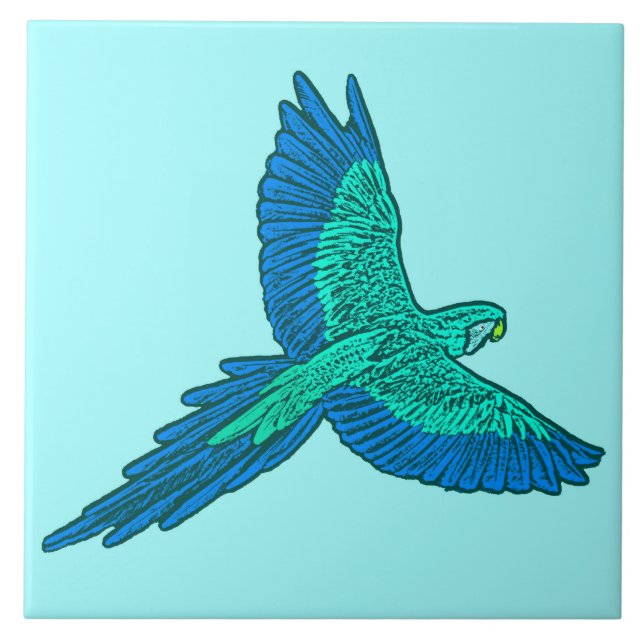 Parrot in Flight, Aqua and Cobalt Blue Ceramic Tile (Front)