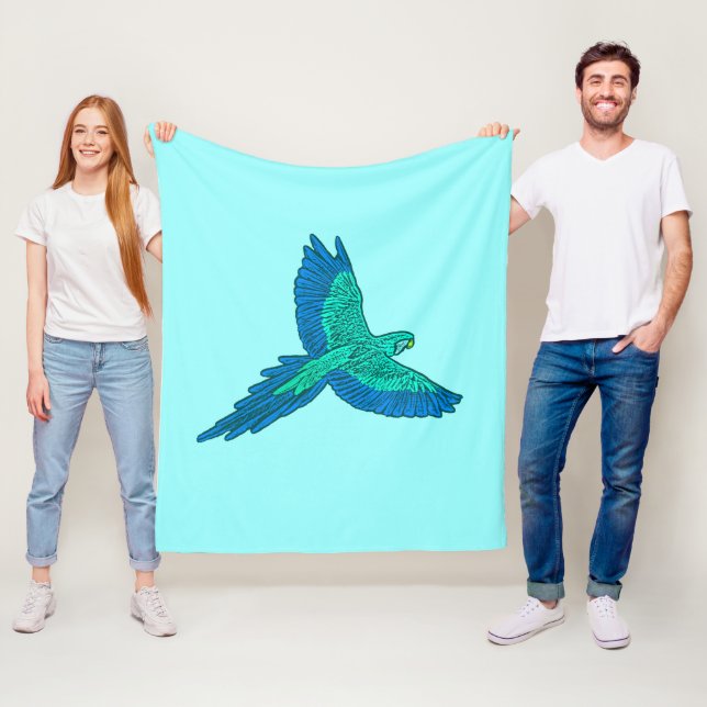 Parrot in Flight, Aqua and Cobalt Blue Fleece Blanket (In Situ)