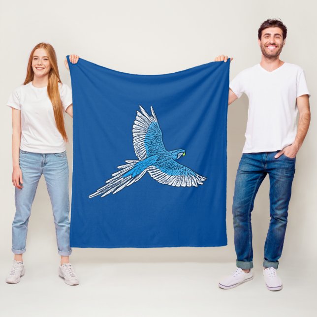 Parrot in Flight, Cobalt Blue and White Fleece Blanket (In Situ)