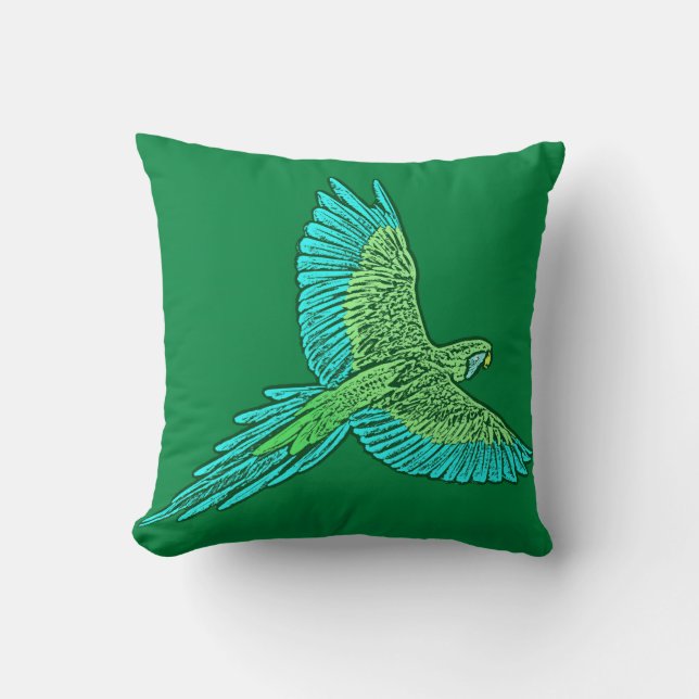 Parrot in Flight, Jade Green and Turquoise Cushion (Front)