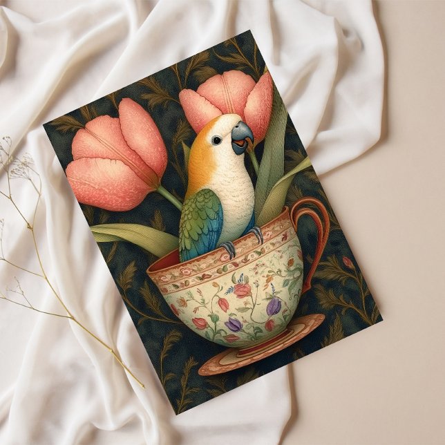 Parrot in Teacup with Tulips Holiday Postcard (Creator Uploaded)