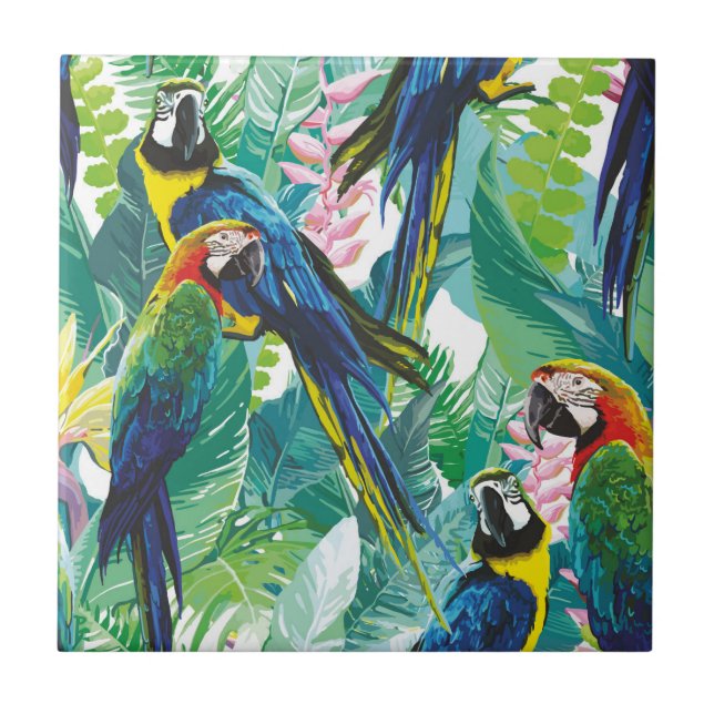 Parrot Jungle Pretty Blue Green Ceramic Tile (Front)