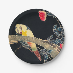 Parrot on Rose Bush Vintage Bird Japanese Woodbloc Paper Plate