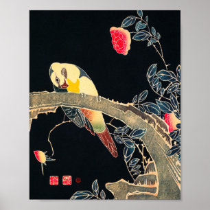 Parrot on Rose Bush Vintage Bird Japanese Woodbloc Poster