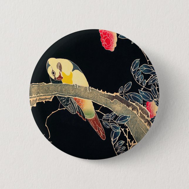 Parrot on the Branch of a Flowering Rose Bush 6 Cm Round Badge (Front)