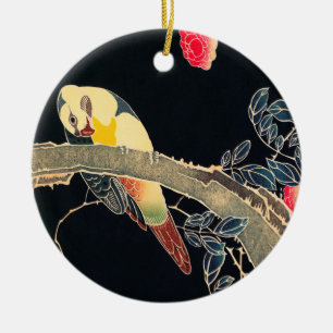 Parrot on the Branch of a Flowering Rose Bush Ceramic Ornament