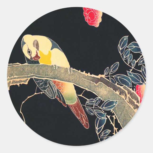 Parrot on the Branch of a Flowering Rose Bush Classic Round Sticker (Front)
