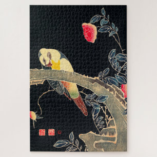 Parrot on the Branch of a Flowering Rose Bush Jigsaw Puzzle