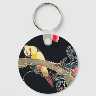 Parrot on the Branch of a Flowering Rose Bush Key Ring