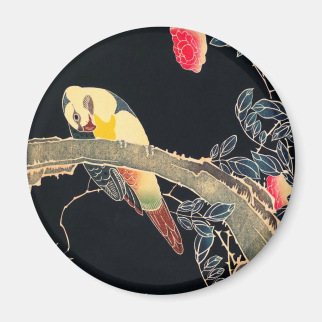 Parrot on the Branch of a Flowering Rose Bush Magnet (Front)