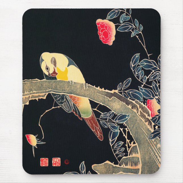 Parrot on the Branch of a Flowering Rose Bush Mouse Pad (Front)
