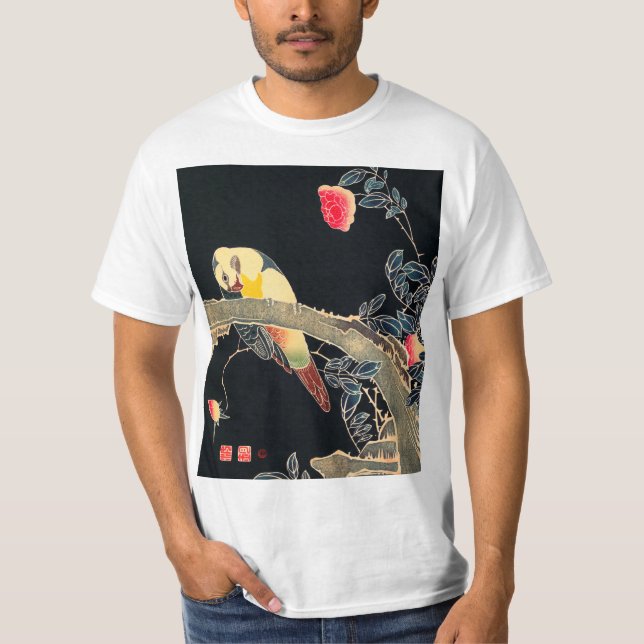Parrot on the Branch of a Flowering Rose Bush T-Shirt (Front)