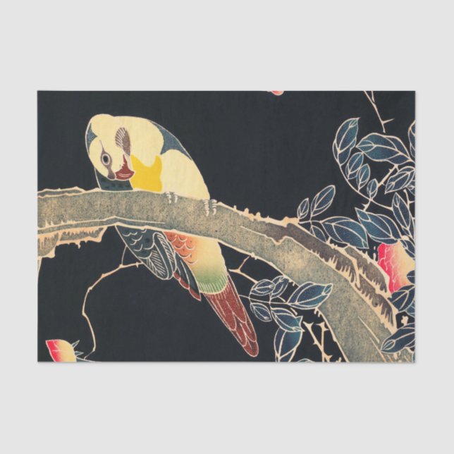 Parrot on the Branch of a Flowering Rose Bush Tissue Paper (Front)