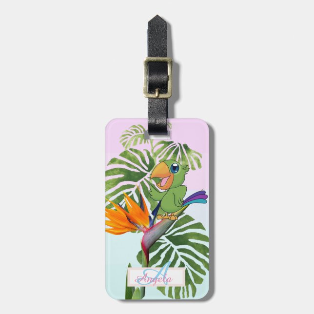 Parrot, Palm Leaves, Caudata Monogram-Personalised Luggage Tag (Front Vertical)