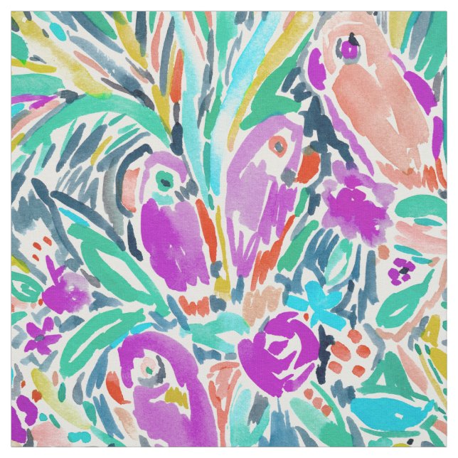 Parrot Party Whimsical Tropical Watercolor Pattern Fabric (Swatch)