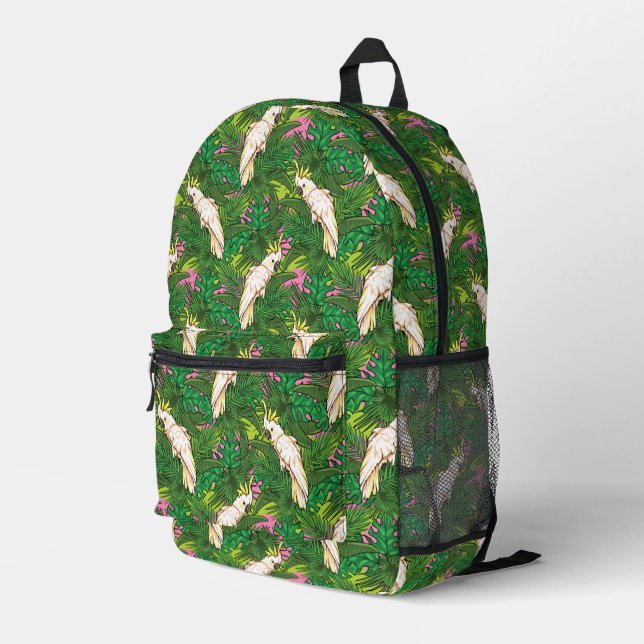 Parrot Pattern With Palm Leaves Printed Backpack (Back Corner Right)