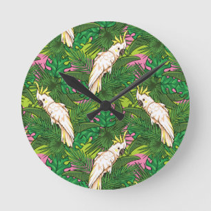 Parrot Pattern With Palm Leaves Round Clock