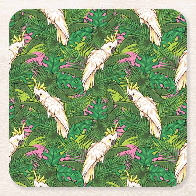 Parrot Pattern With Palm Leaves Square Paper Coaster (Front)