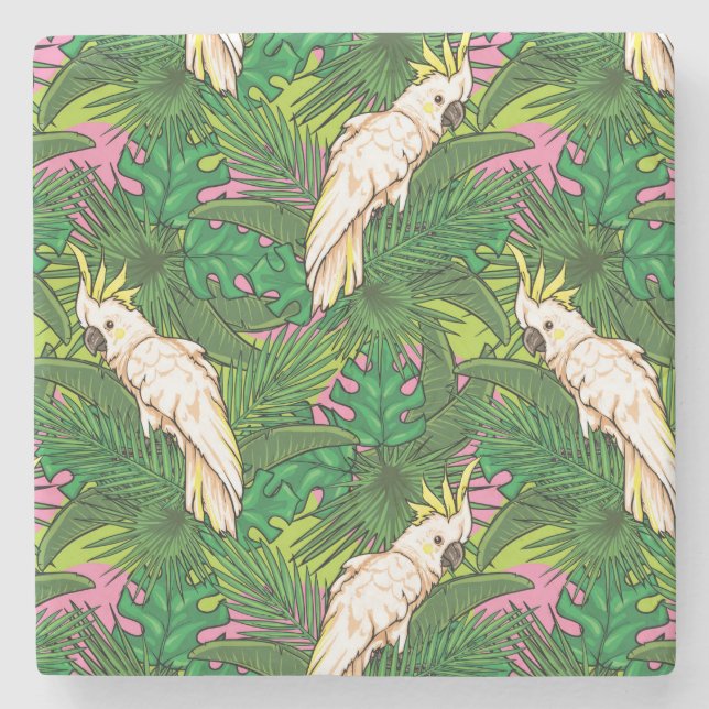 Parrot Pattern With Palm Leaves Stone Coaster (Front)