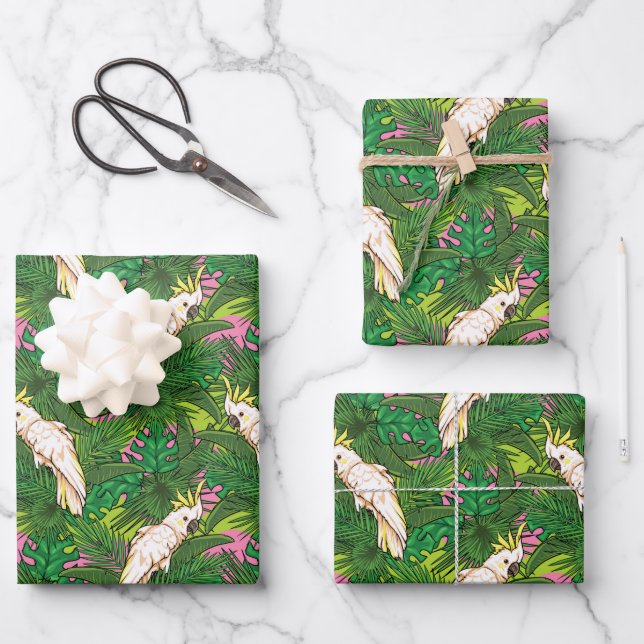 Parrot Pattern With Palm Leaves Wrapping Paper Sheet (Front)