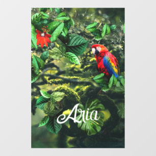 Parrot scarlet macaw in jungle with flowers
