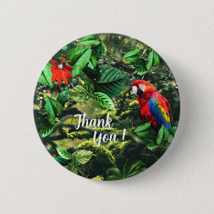 Parrot scarlet macaw in jungle with flowers 6 cm round badge