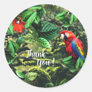 Parrot scarlet macaw in jungle with flowers classic round sticker