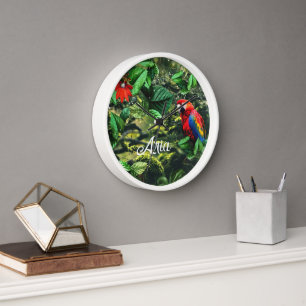 Parrot scarlet macaw in jungle with flowers clock