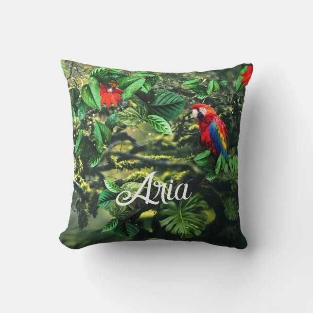 Parrot scarlet macaw in jungle with flowers cushion (Front)