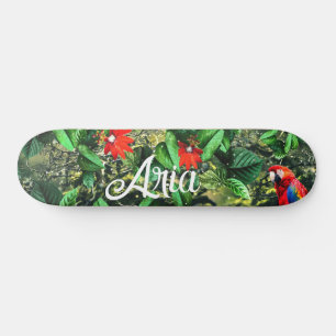 Parrot scarlet macaw in jungle with flowers skateboard