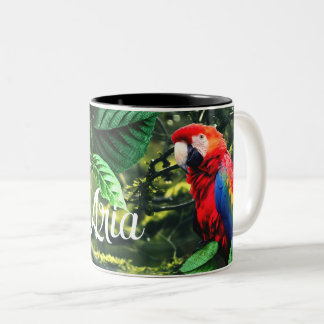 Parrot scarlet macaw in jungle with flowers Two-Tone coffee mug
