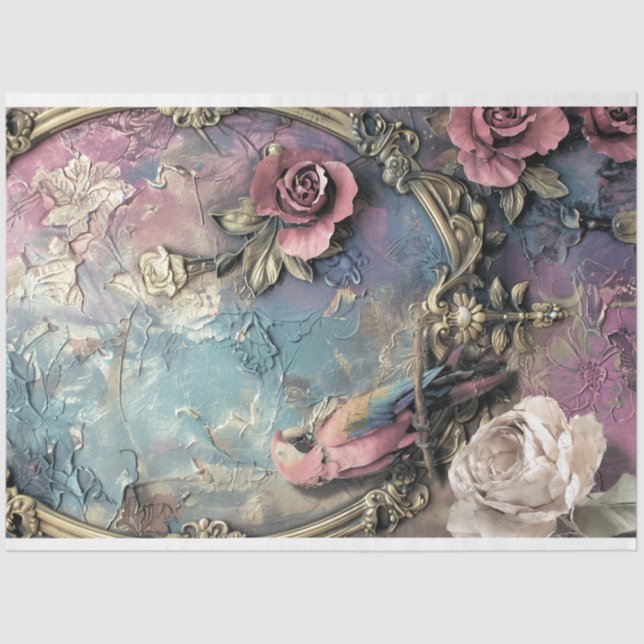 Parrot, Shabby Chic, Ornamental Bird & Floral Art Tissue Paper (Front)