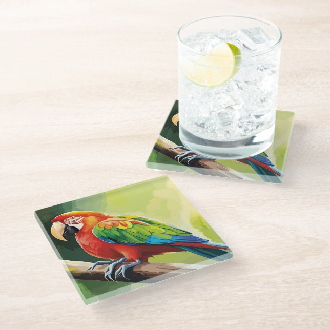 Parrot Watercolor Art and Illustrations Glass Coaster (Angled)