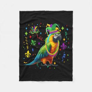 Parrot Wearing Mardi Gras Beads Jester Hat Masked  Fleece Blanket