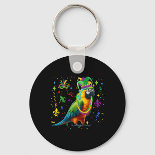 Parrot Wearing Mardi Gras Beads Jester Hat Masked Key Ring