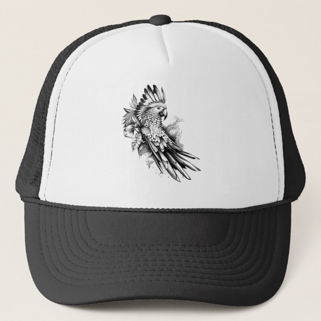 Parrot Wild Animal Nature Illustration Art Tattoo Trucker Hat (Front)