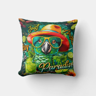 Parrot with Beer Just Another Day in Paradise Cushion