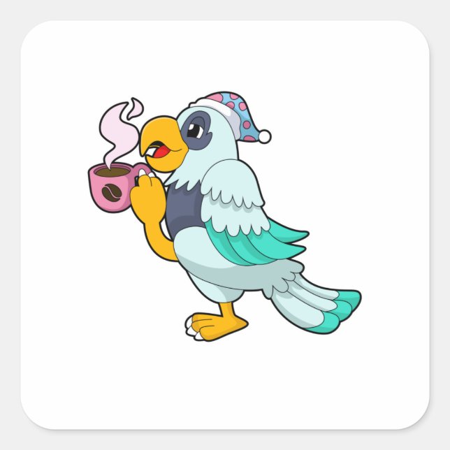 Parrot with Cup of Coffee Square Sticker (Front)
