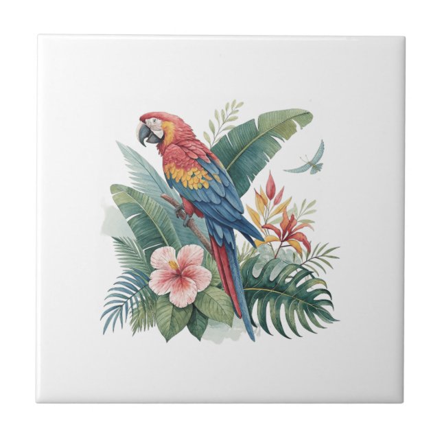 Parrot With Flowers Ceramic Tile (Front)