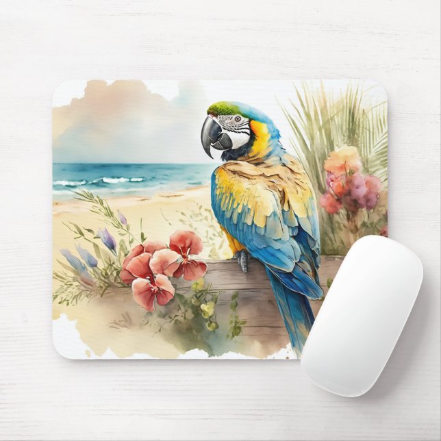 Parrot with Tropical Flowers Mouse Pad (With Mouse)