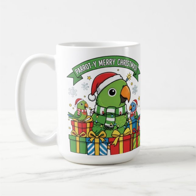 Parrot-y Merry Christmas – Cute Festive Parrot Hol Coffee Mug (Left)