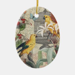 Parrot Yellow Tropical Antique Flower  Ceramic Ornament