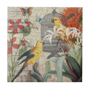 Parrot Yellow Tropical Antique Flower  Ceramic Tile