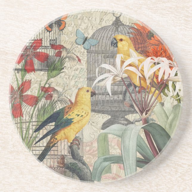 Parrot Yellow Tropical Antique Flower  Coaster (Front)
